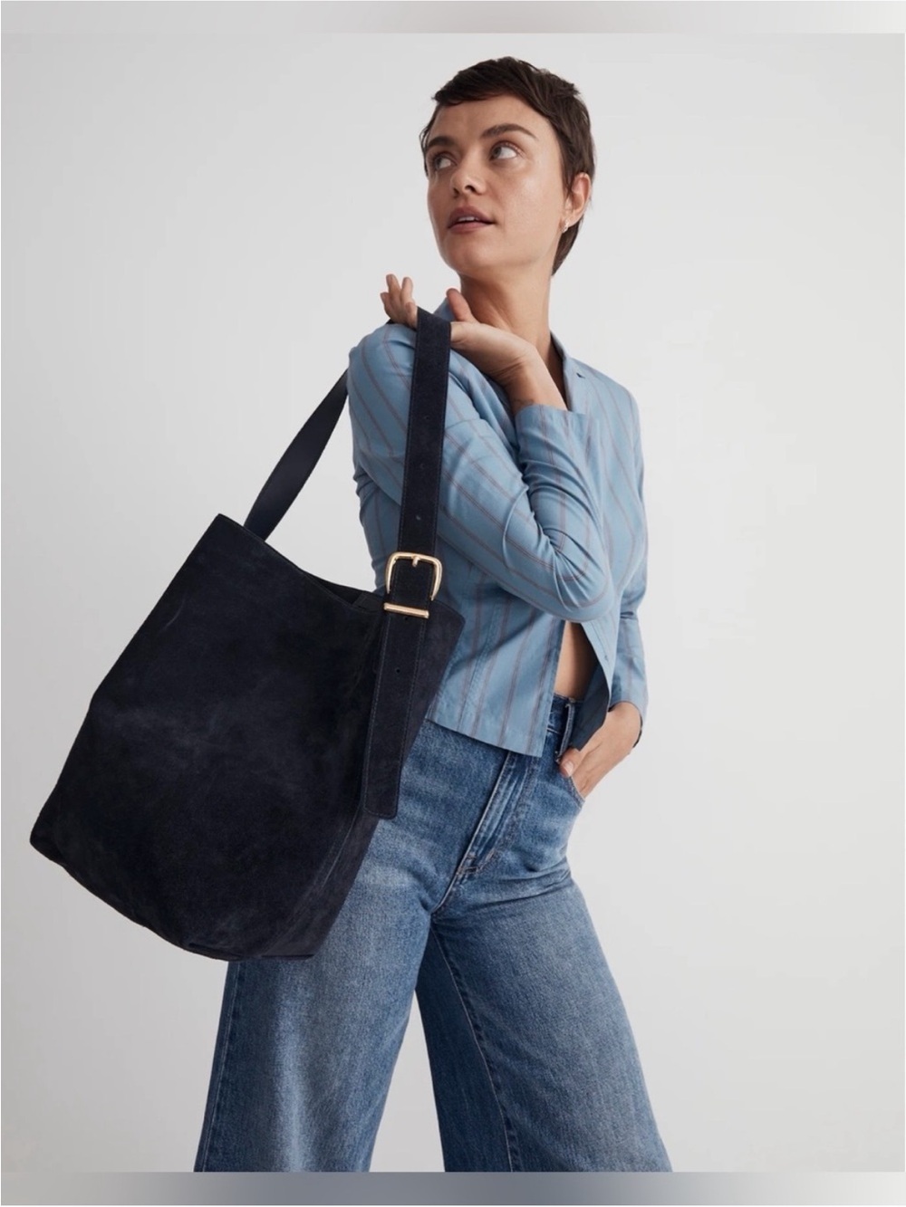 Madewell Black Suede Large Tote with Gold Buckle